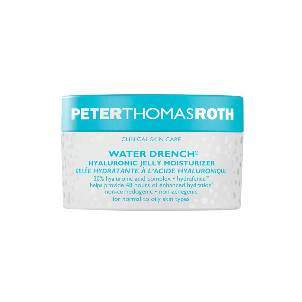 Pot blanc avec couvercle bleu. Texte: PETERTHOMASROTH, WATER DRENCH, HYALURONIC JELLY MOISTURIZER.