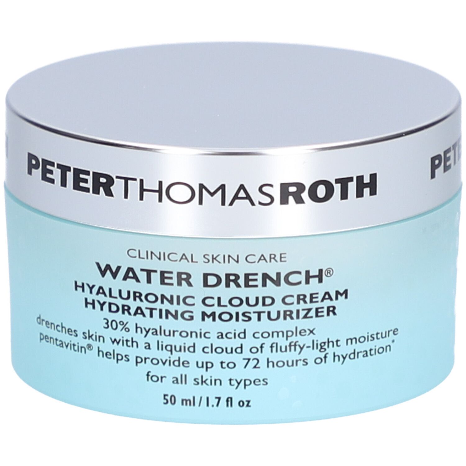 Pot bleu avec couvercle argenté. Inscription: PETERTHOMASROTH, WATER DRENCH, HYALURONIC CLOUD CREAM.