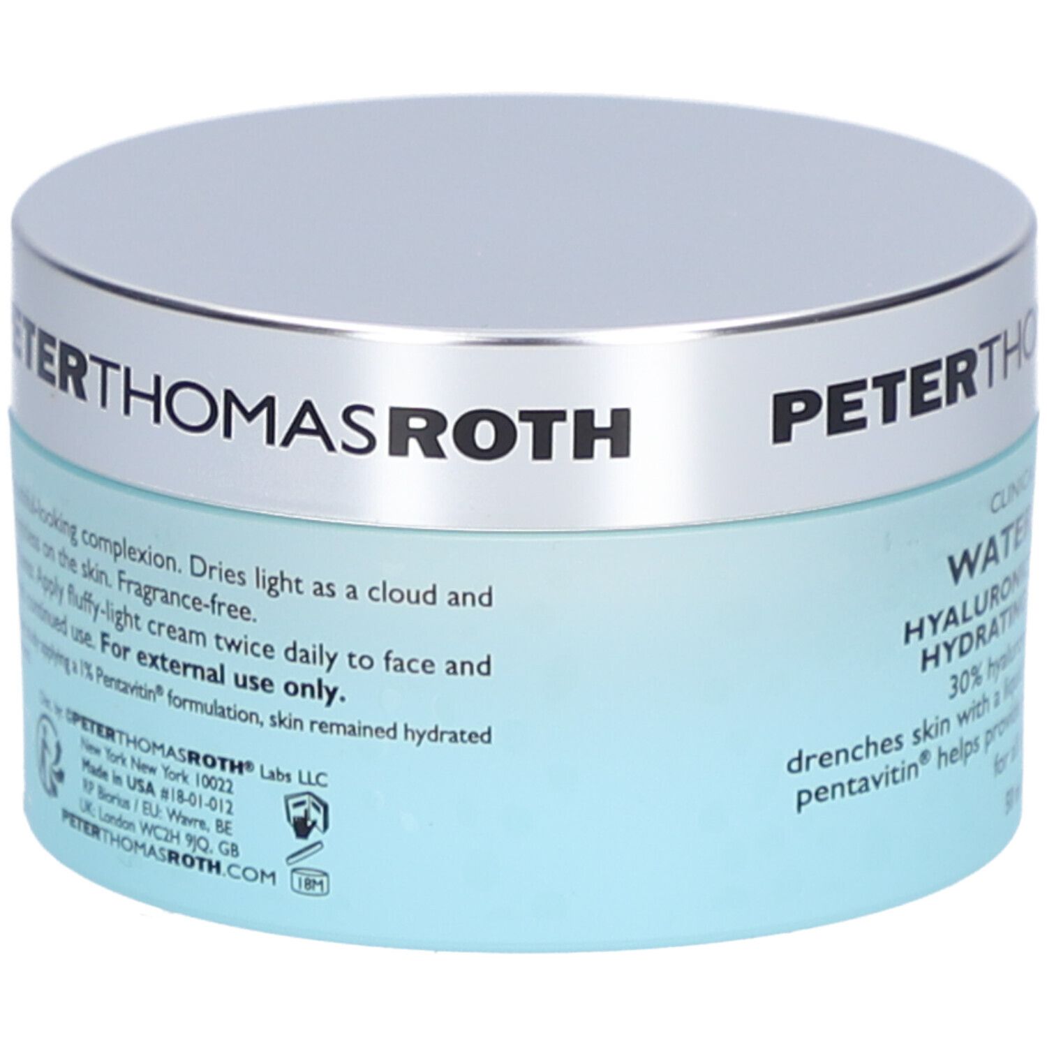 Pot bleu avec couvercle argenté. Texte: PETERTHOMASROTH, WATER DRENCH, HYALURONIC CLOUD CREAM, 50 ml.