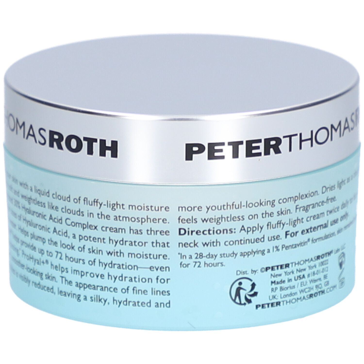Pot bleu avec couvercle argenté. Texte: PETERTHOMASROTH, WATER DRENCH, HYALURONIC CLOUD CREAM, 50 ml.