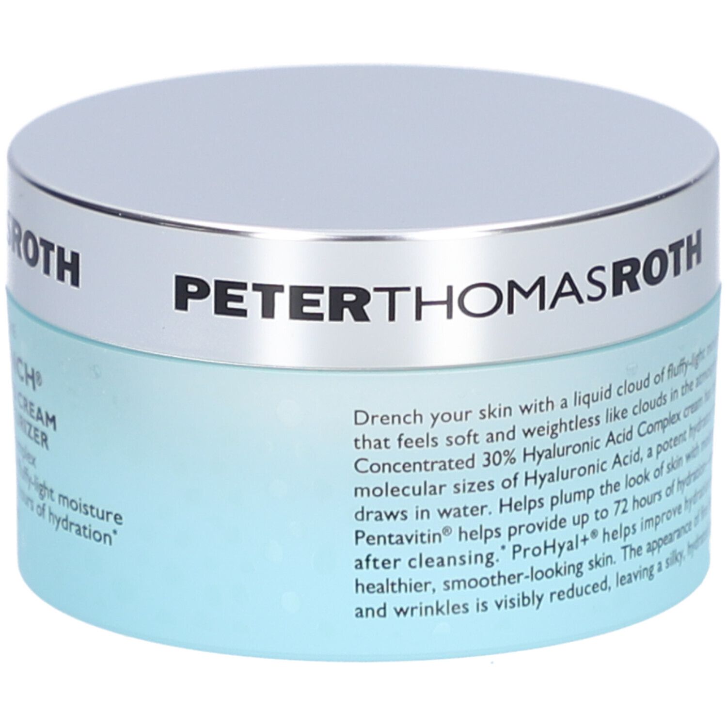 Pot bleu avec couvercle argenté. Texte: PETERTHOMASROTH, WATER DRENCH, HYALURONIC CLOUD CREAM, 50 ml.