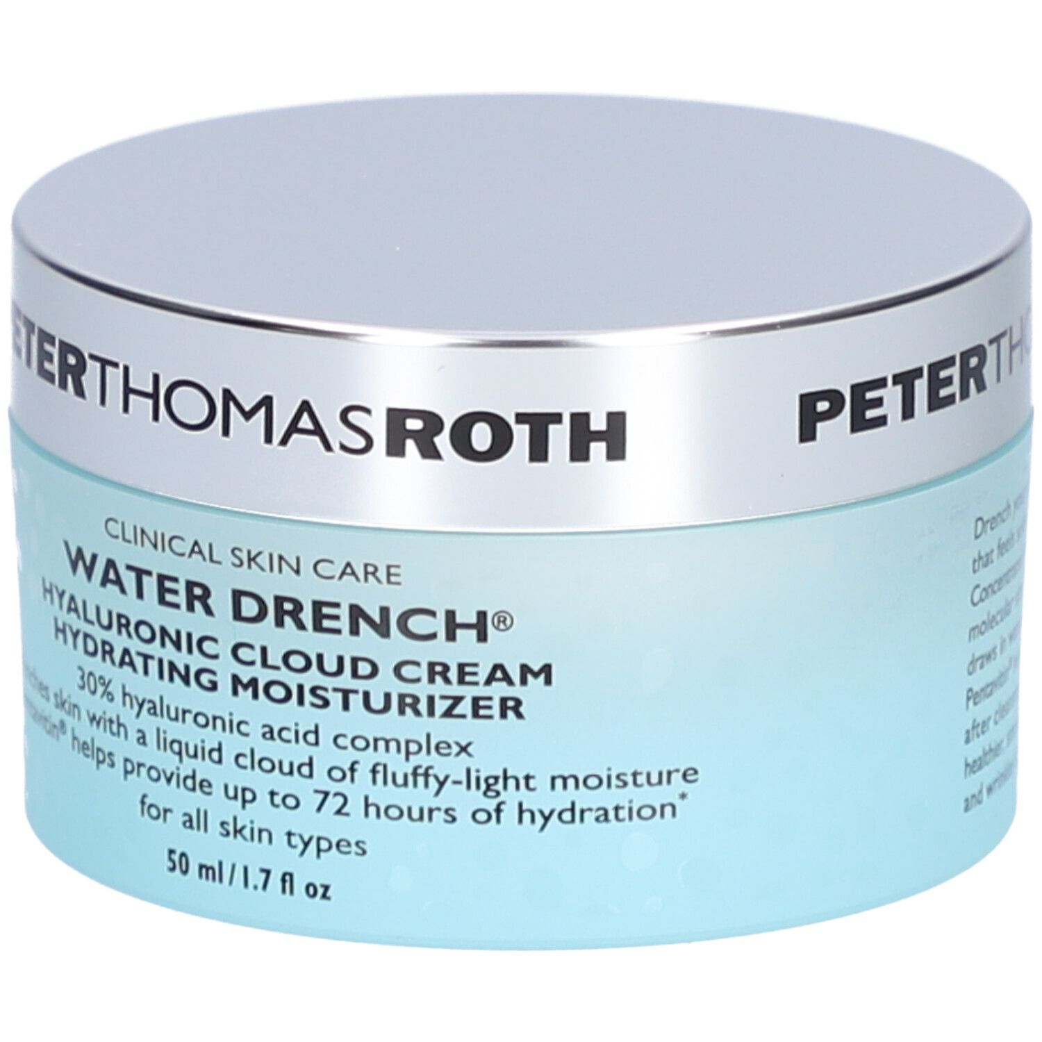 Pot bleu avec couvercle argenté. Texte: PETERTHOMASROTH, WATER DRENCH, HYALURONIC CLOUD CREAM, 50 ml.