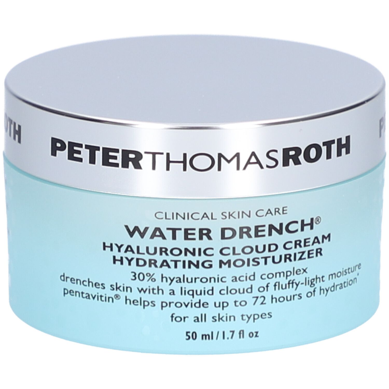 Pot bleu avec couvercle argenté. Texte: PETERTHOMASROTH, WATER DRENCH, HYALURONIC CLOUD CREAM, 50 ml.