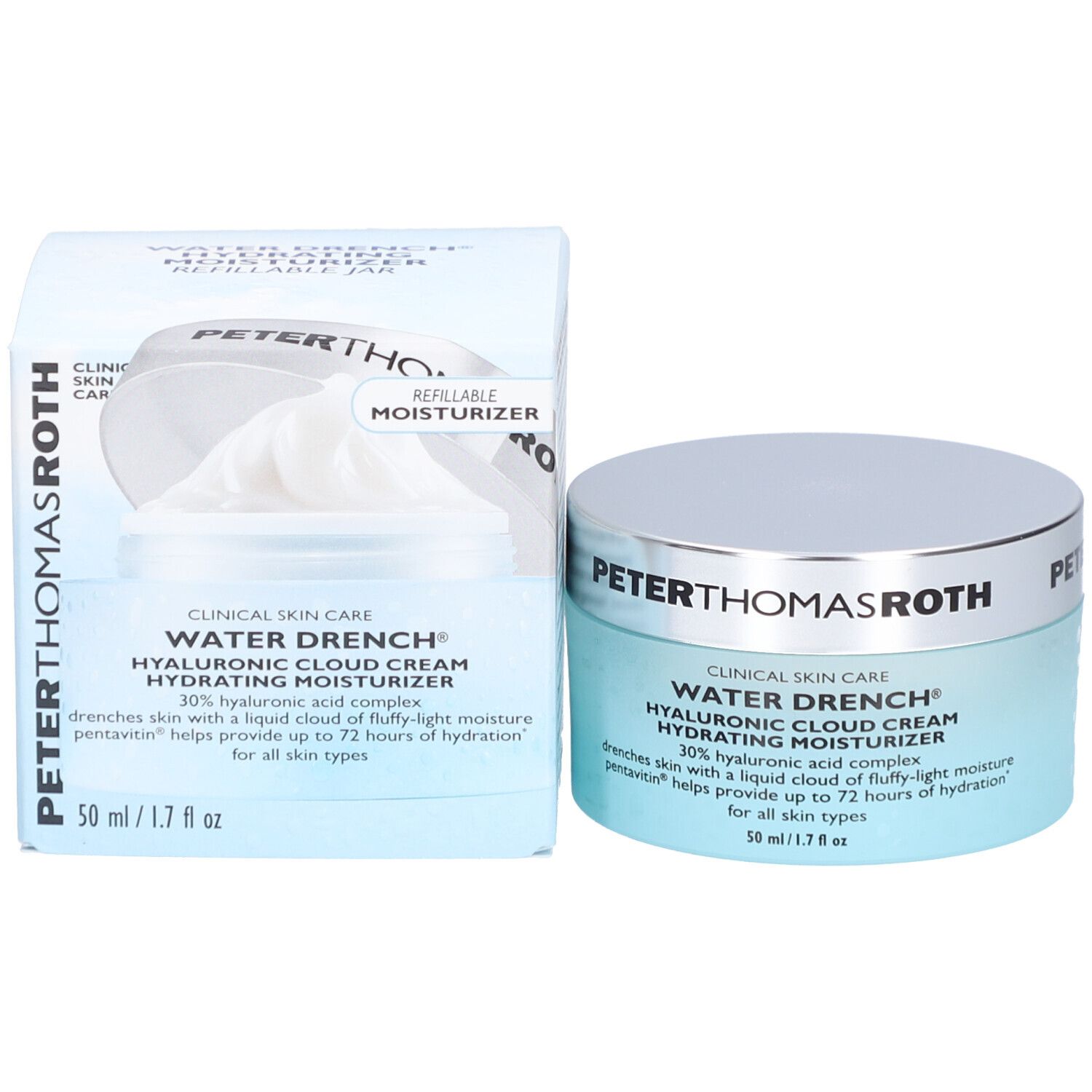 Emballage du produit avec pot et boîte. Texte: PETERTHOMASROTH, WATER DRENCH, HYALURONIC CLOUD CREAM, 50 ml.