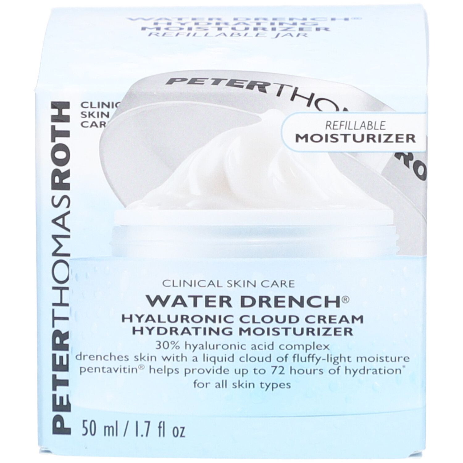 Emballage du produit avec boîte. Texte: PETERTHOMASROTH, WATER DRENCH, HYALURONIC CLOUD CREAM, 50 ml.