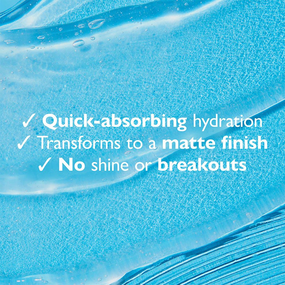 Gros plan sur gel bleu. Texte: Hydratation rapide, fini mat, pas de brillance ni d'éruptions.