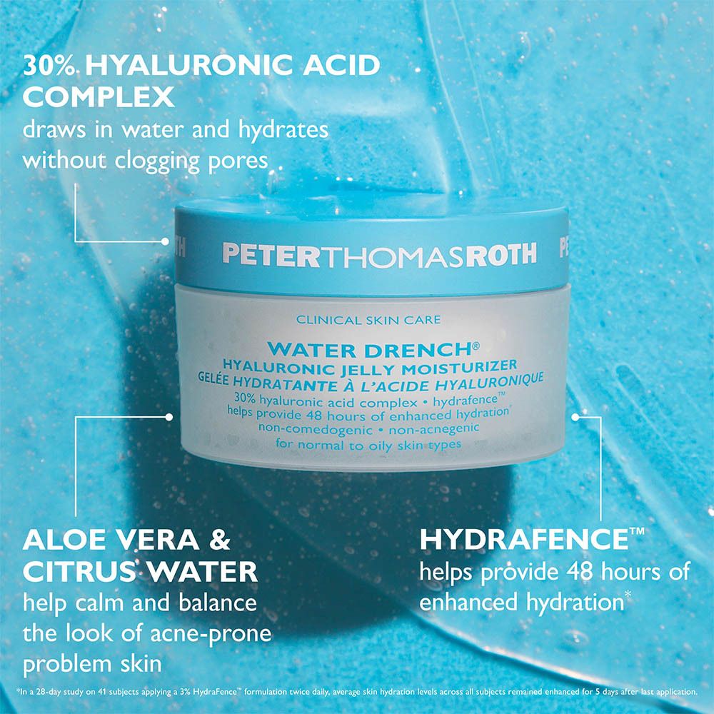 Pot bleu avec couvercle argenté. Texte: PETERTHOMASROTH, WATER DRENCH, HYALURONIC JELLY MOISTURIZER.