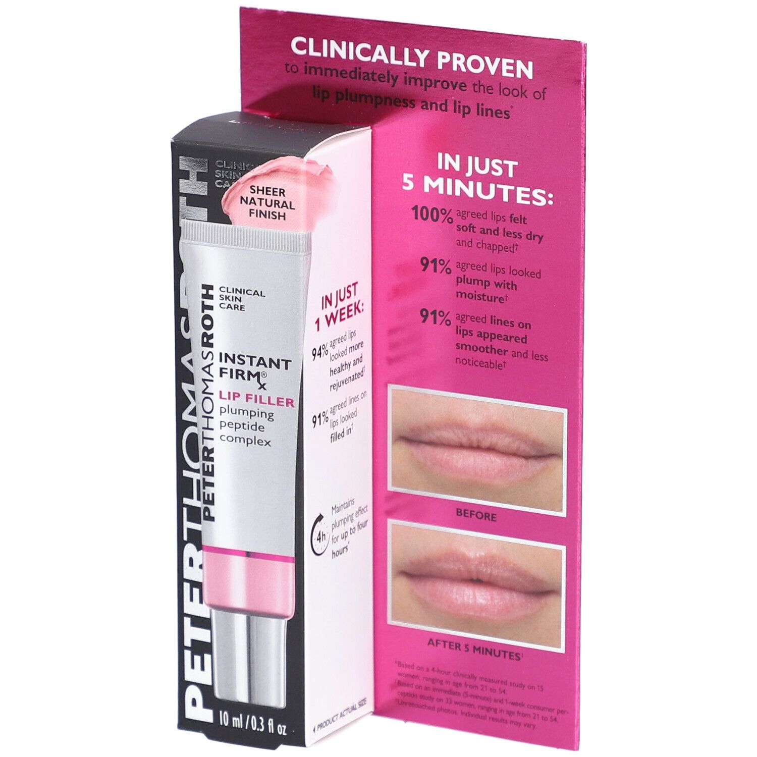 Peter Thomas Roth Instant Firmx Lip Filler. Emballage avec produit et texte. Rose et blanc. Cliniquement prouvé.