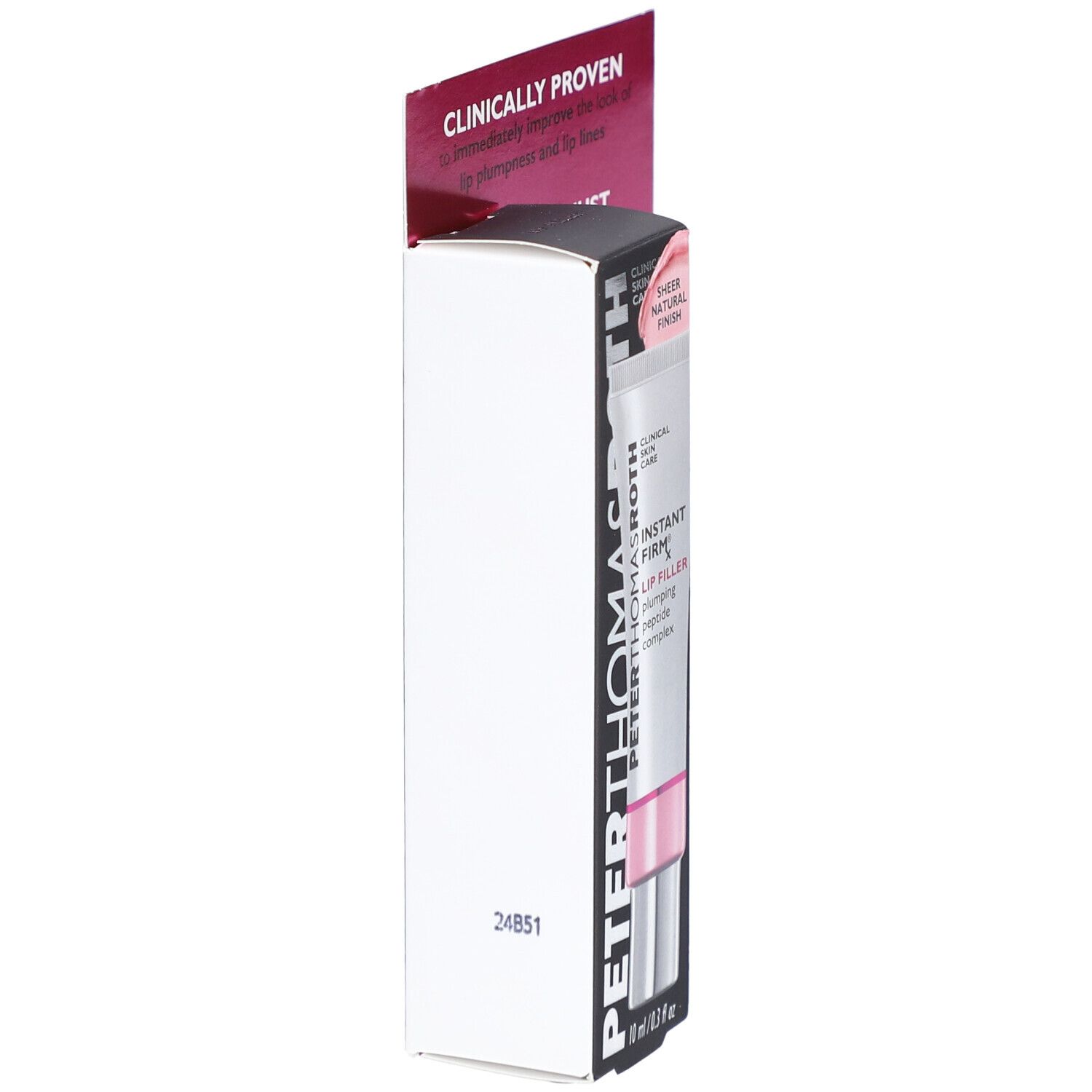 Peter Thomas Roth Instant Firmx Lip Filler. Emballage blanc avec produit. Accent rose. Texte sur le côté.