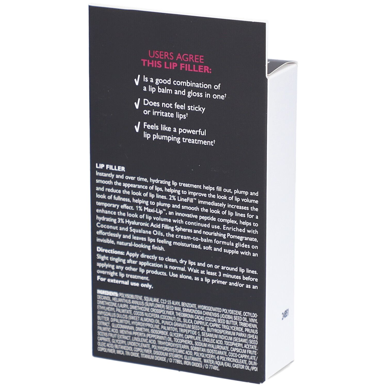 Dos de l'emballage. Texte sur les avantages du produit. Fond noir. Écriture blanche.