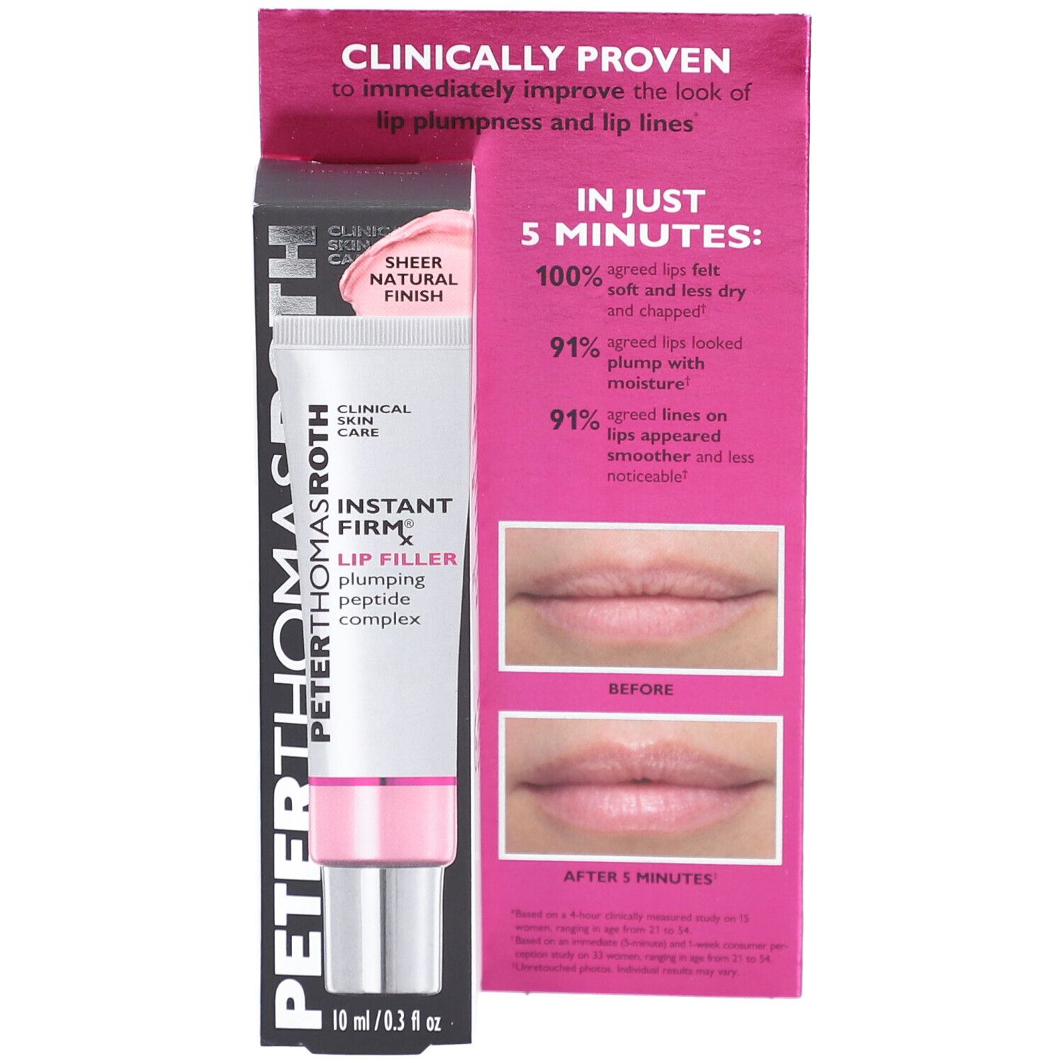 Peter Thomas Roth Instant Firmx Lip Filler. Produit et emballage. Rose et blanc. Images avant-après.