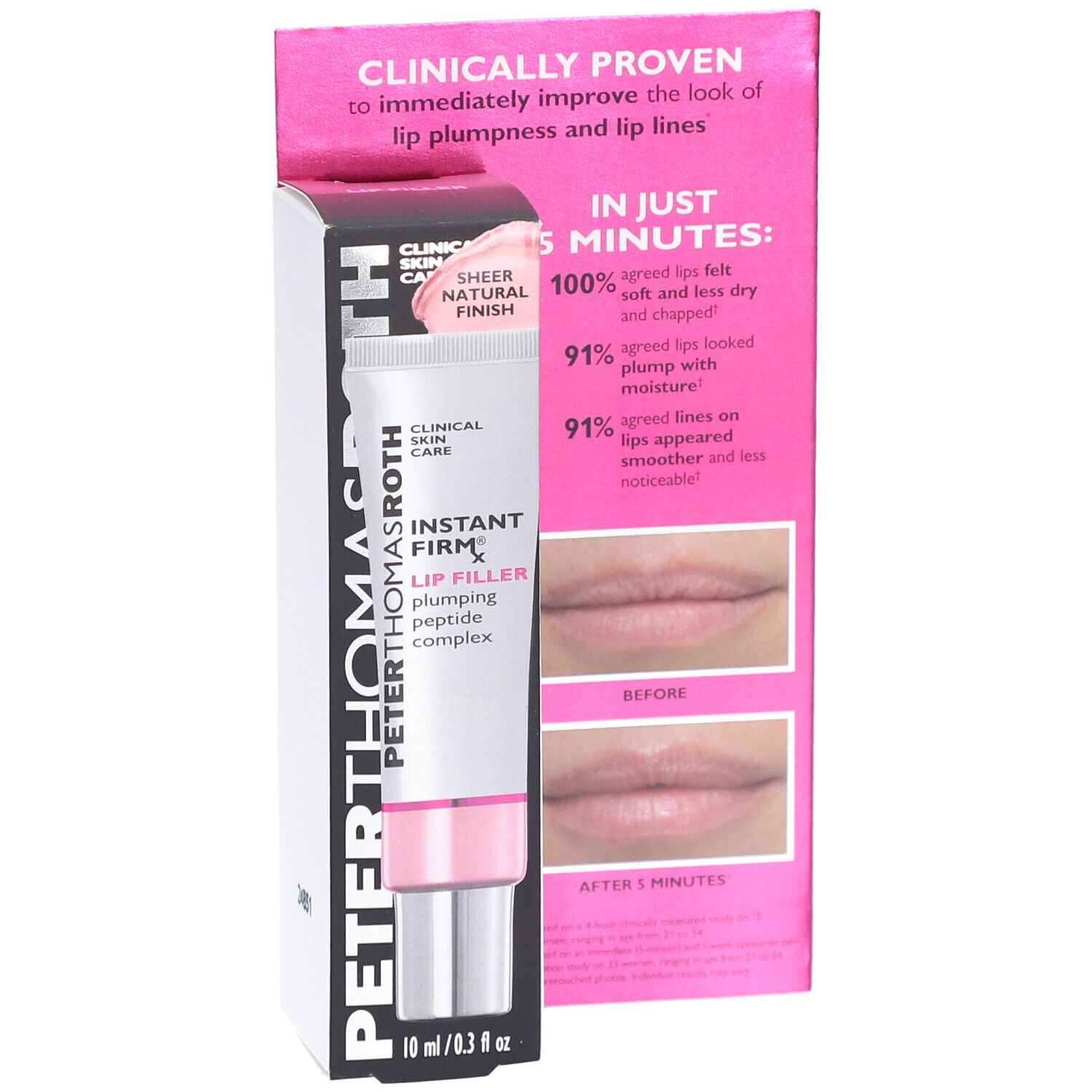 Peter Thomas Roth Instant Firmx Lip Filler. Produit et emballage. Rose et blanc. Images avant-après.