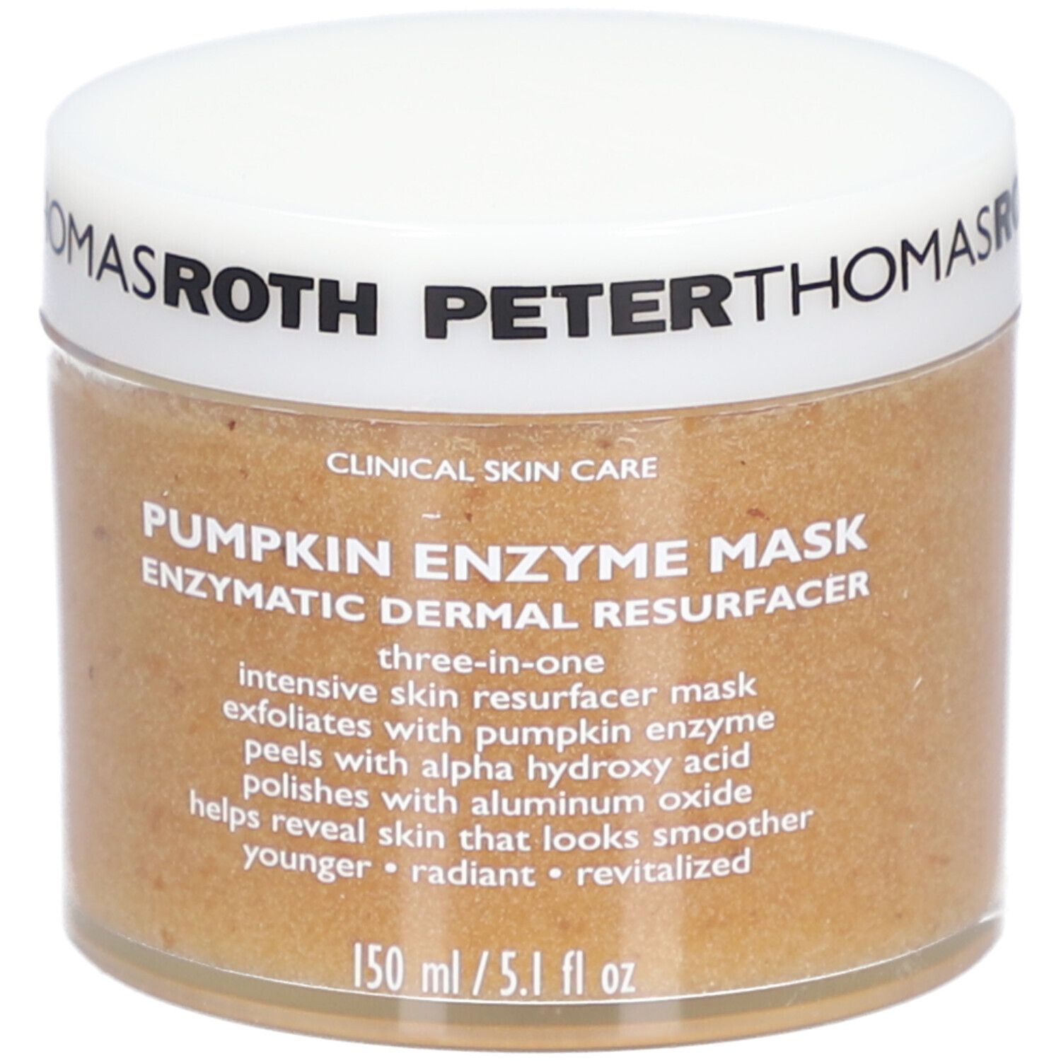 Peter Thomas Roth Pumpkin Enzyme Mask. Pot crème avec couvercle blanc. Texte du produit visible.
