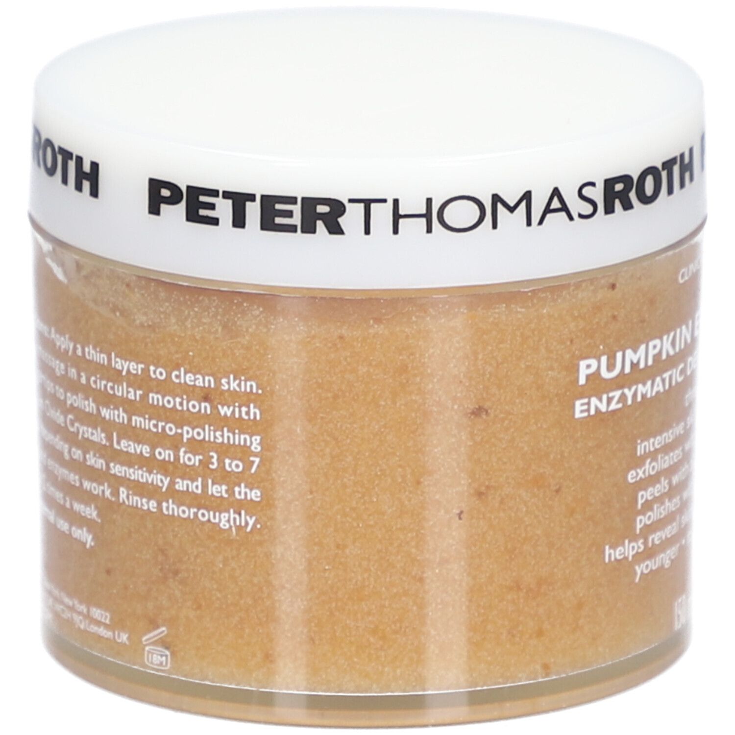 Peter Thomas Roth Pumpkin Enzyme Mask. Pot crème avec couvercle blanc. Texte du produit.