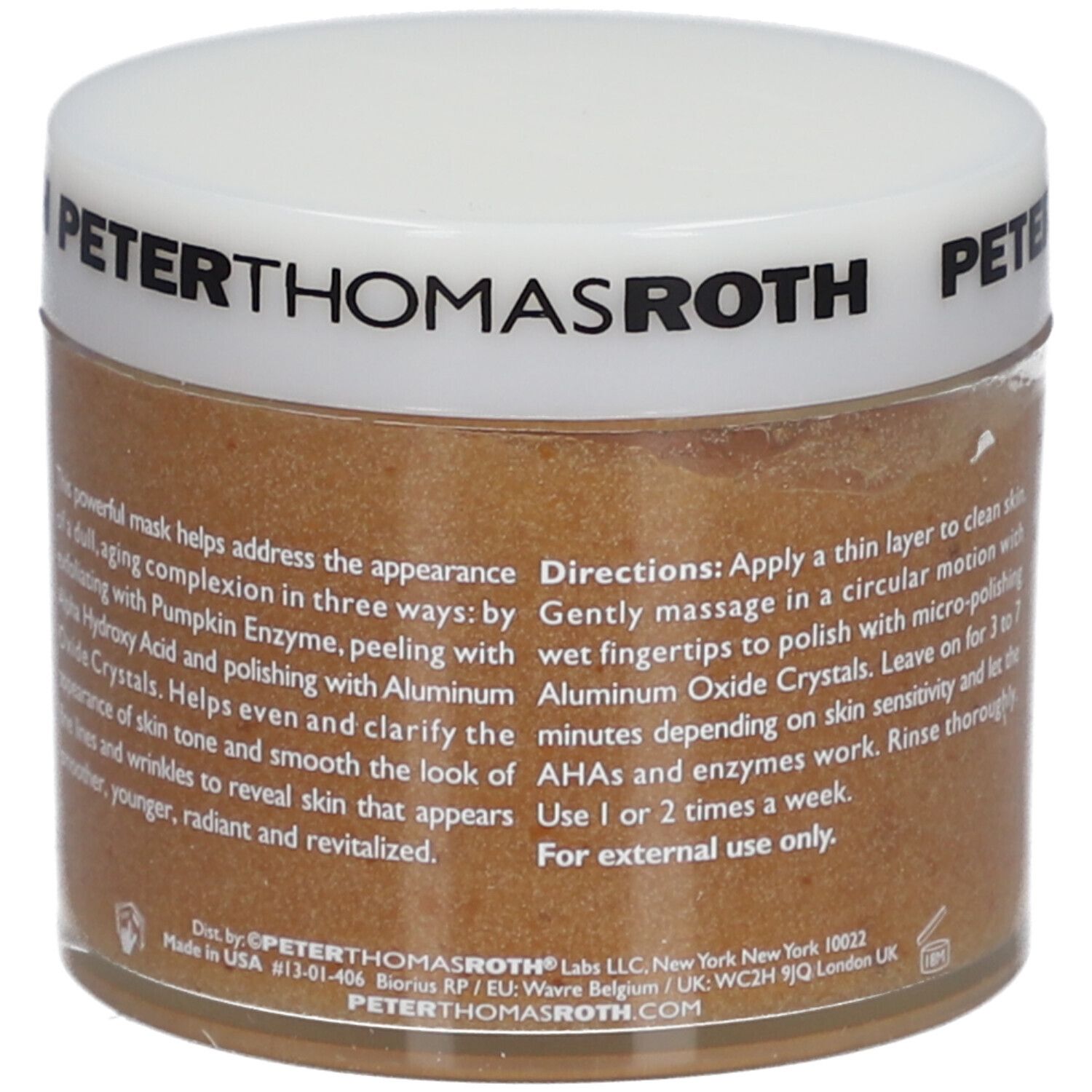 Peter Thomas Roth Pumpkin Enzyme Mask. Pot crème avec couvercle blanc. Texte du produit.