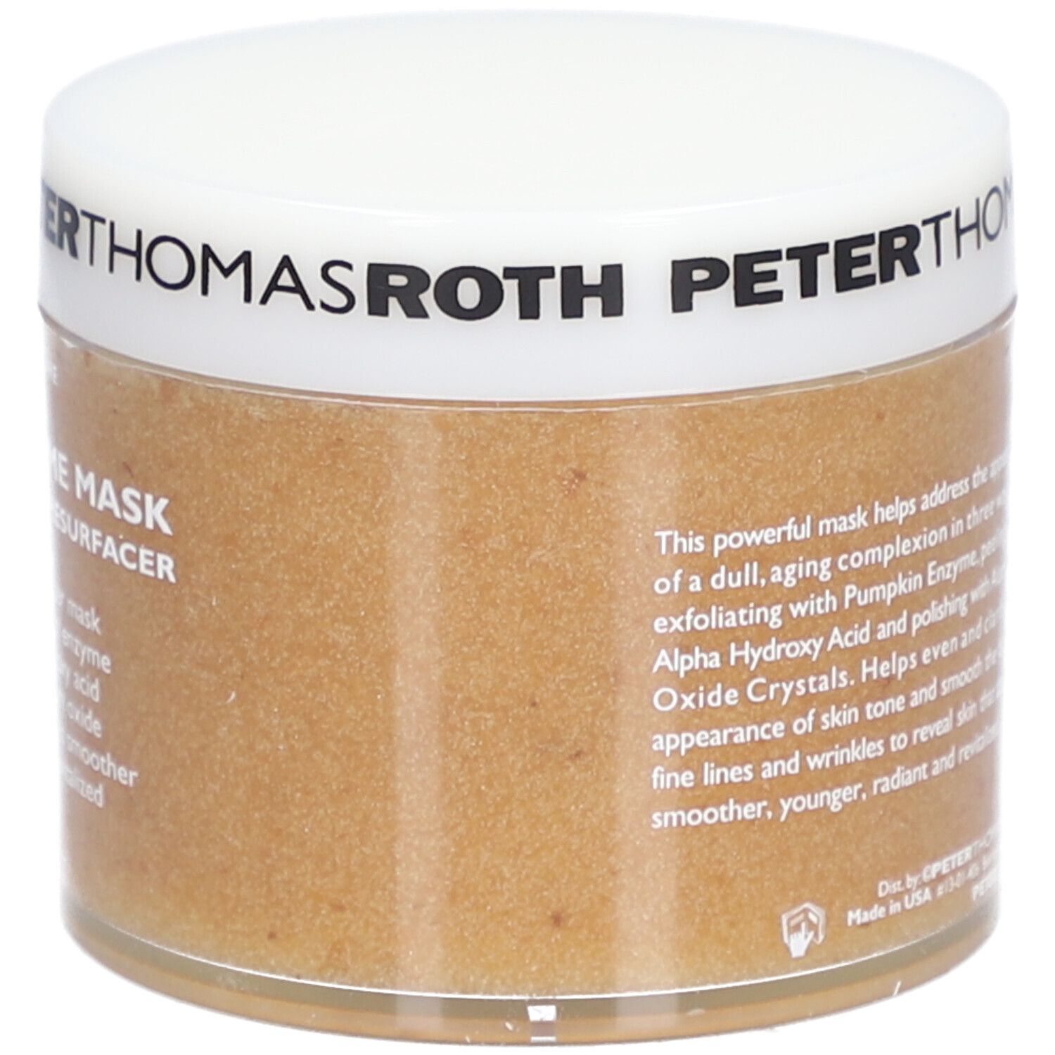 Peter Thomas Roth Pumpkin Enzyme Mask. Pot crème avec couvercle blanc. Texte du produit.