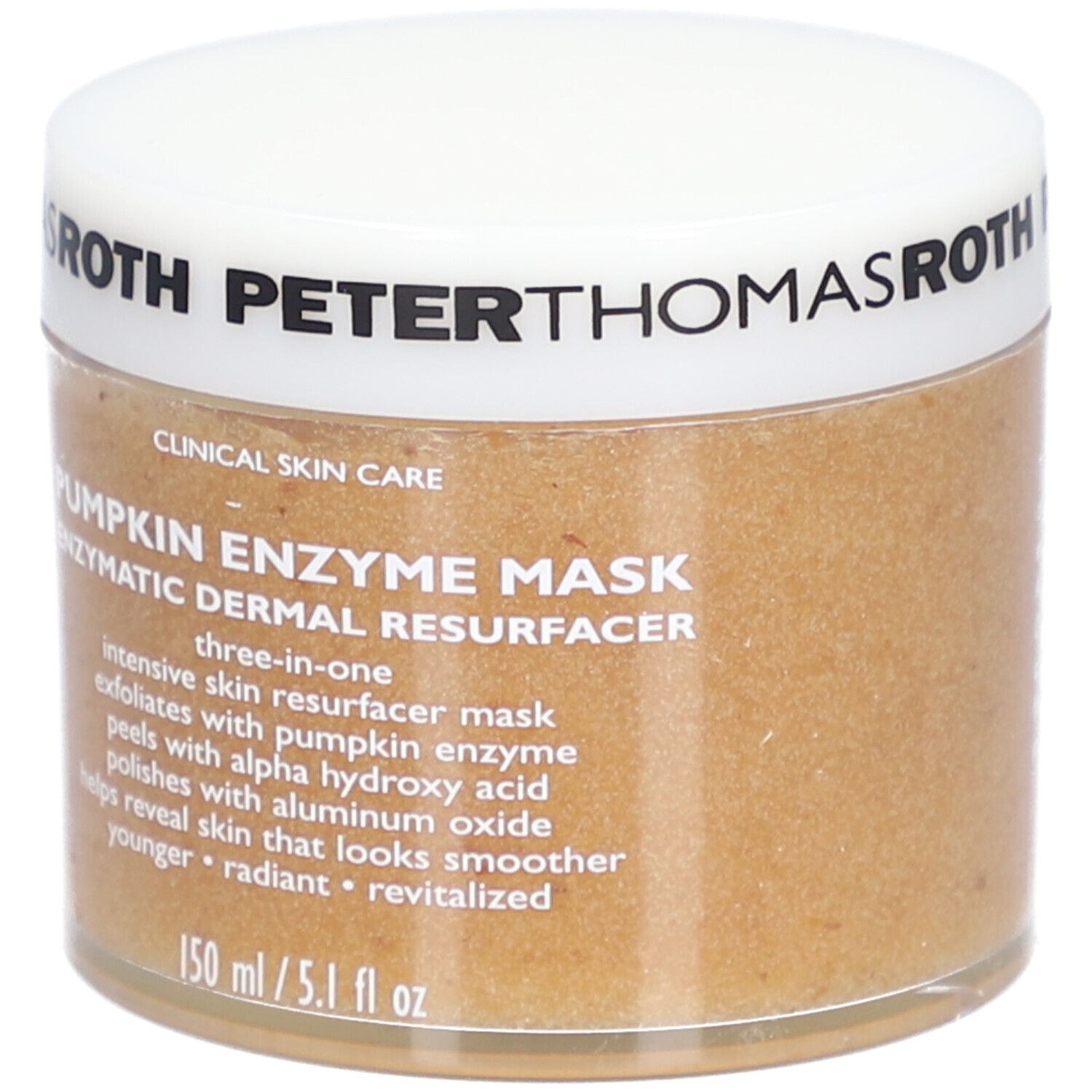 Peter Thomas Roth Pumpkin Enzyme Mask. Pot crème avec couvercle blanc. Texte du produit.