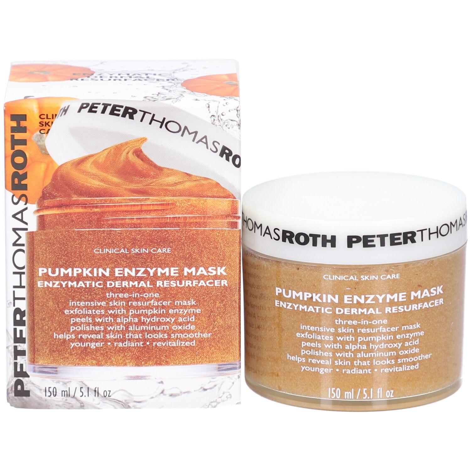 Peter Thomas Roth Pumpkin Enzyme Mask. Emballage avec pot et boîte.
