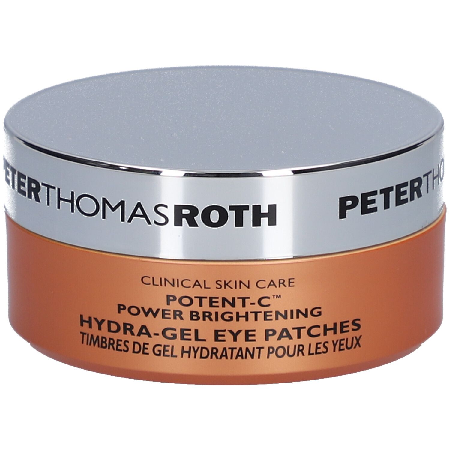 Pot de forme ronde, couvercle argenté, base orange. Inscription : PETER THOMAS ROTH, POTENT-C, Hydra-Gel Eye Patches.