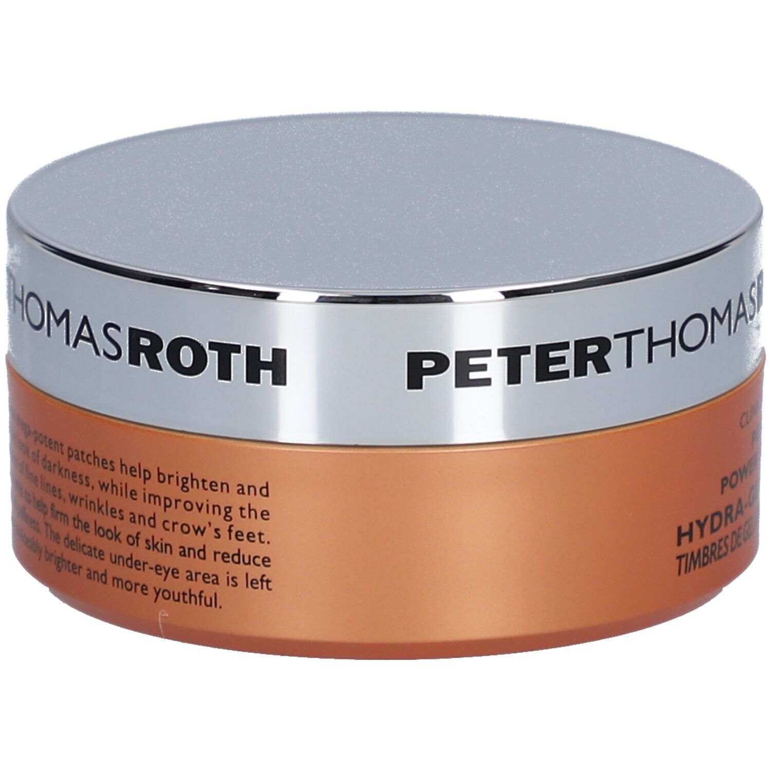 Pot rond, couvercle argenté, base orange. Texte : PETER THOMAS ROTH, POTENT-C, Hydra-Gel Eye Patches. Description du produit.