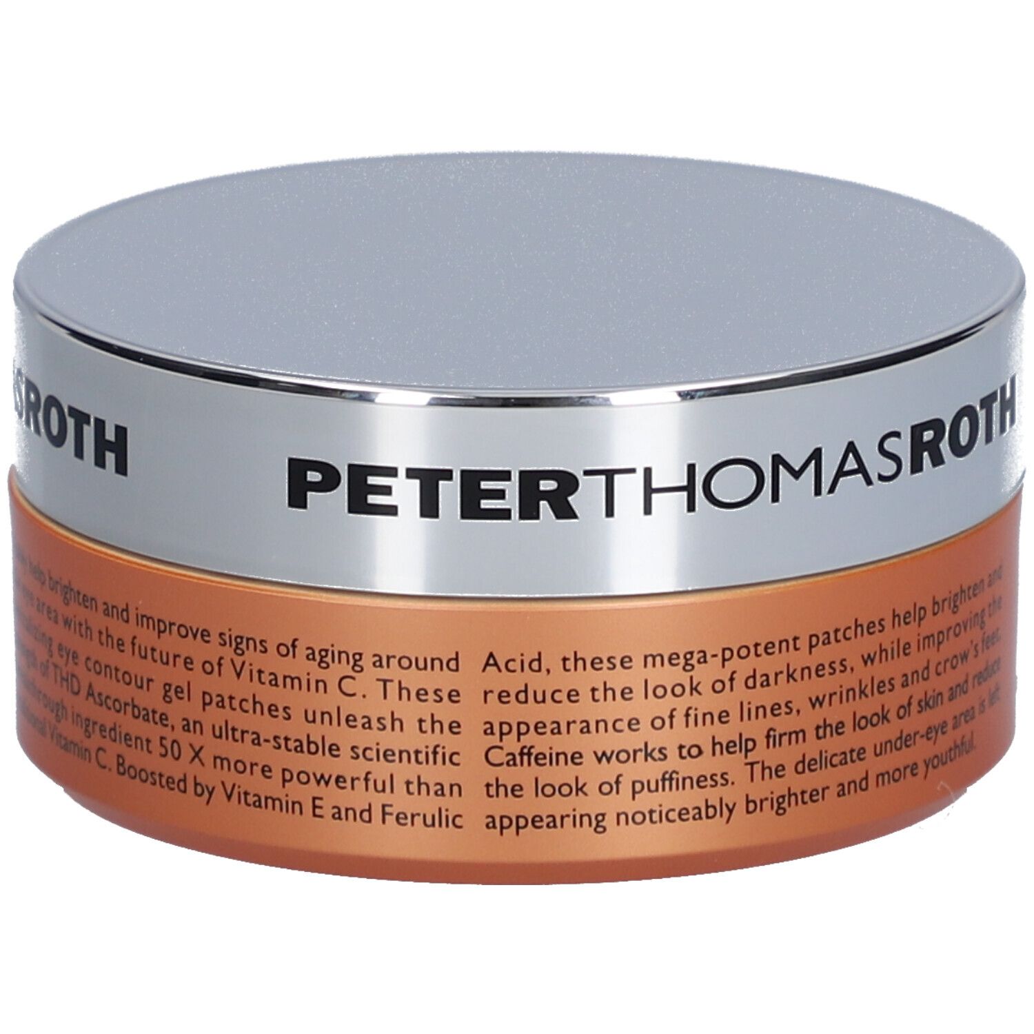 Pot rond, couvercle argenté, base orange. Texte : PETER THOMAS ROTH, POTENT-C, Hydra-Gel Eye Patches. Description du produit.