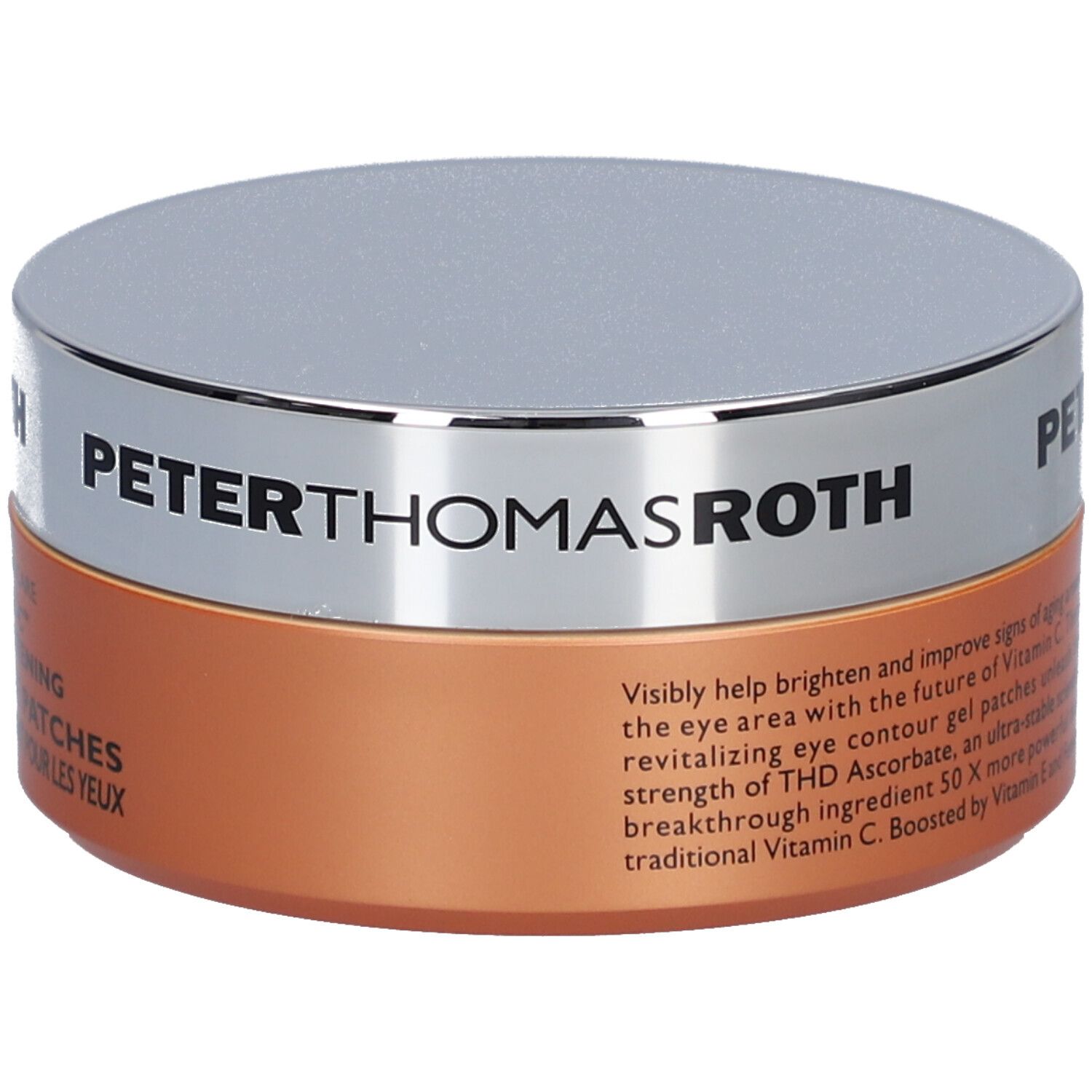 Pot rond, couvercle argenté, base orange. Texte : PETER THOMAS ROTH, POTENT-C, Hydra-Gel Eye Patches. Description du produit.