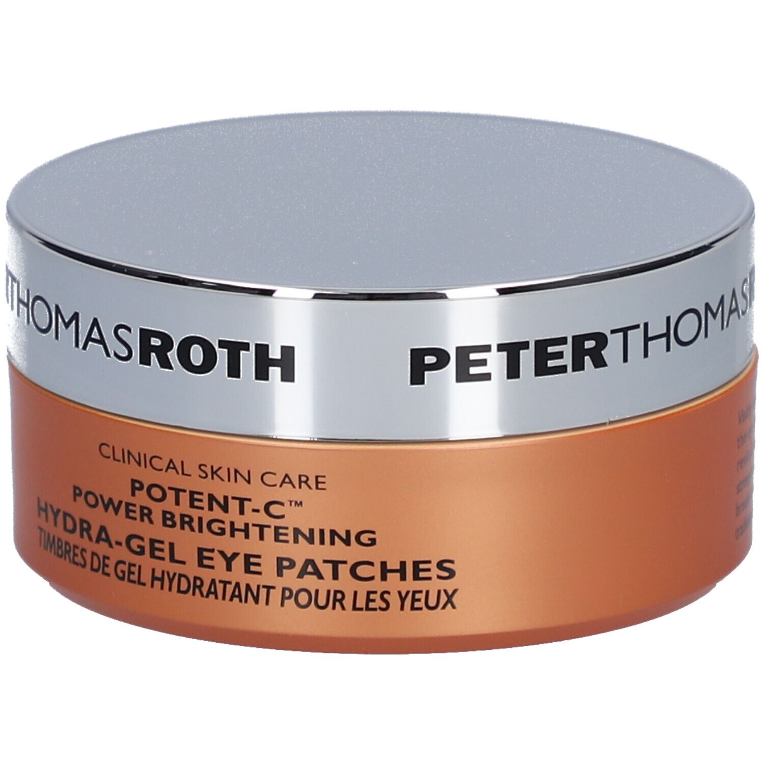 Pot rond, couvercle argenté, base orange. Inscription : PETER THOMAS ROTH, POTENT-C, Hydra-Gel Eye Patches.