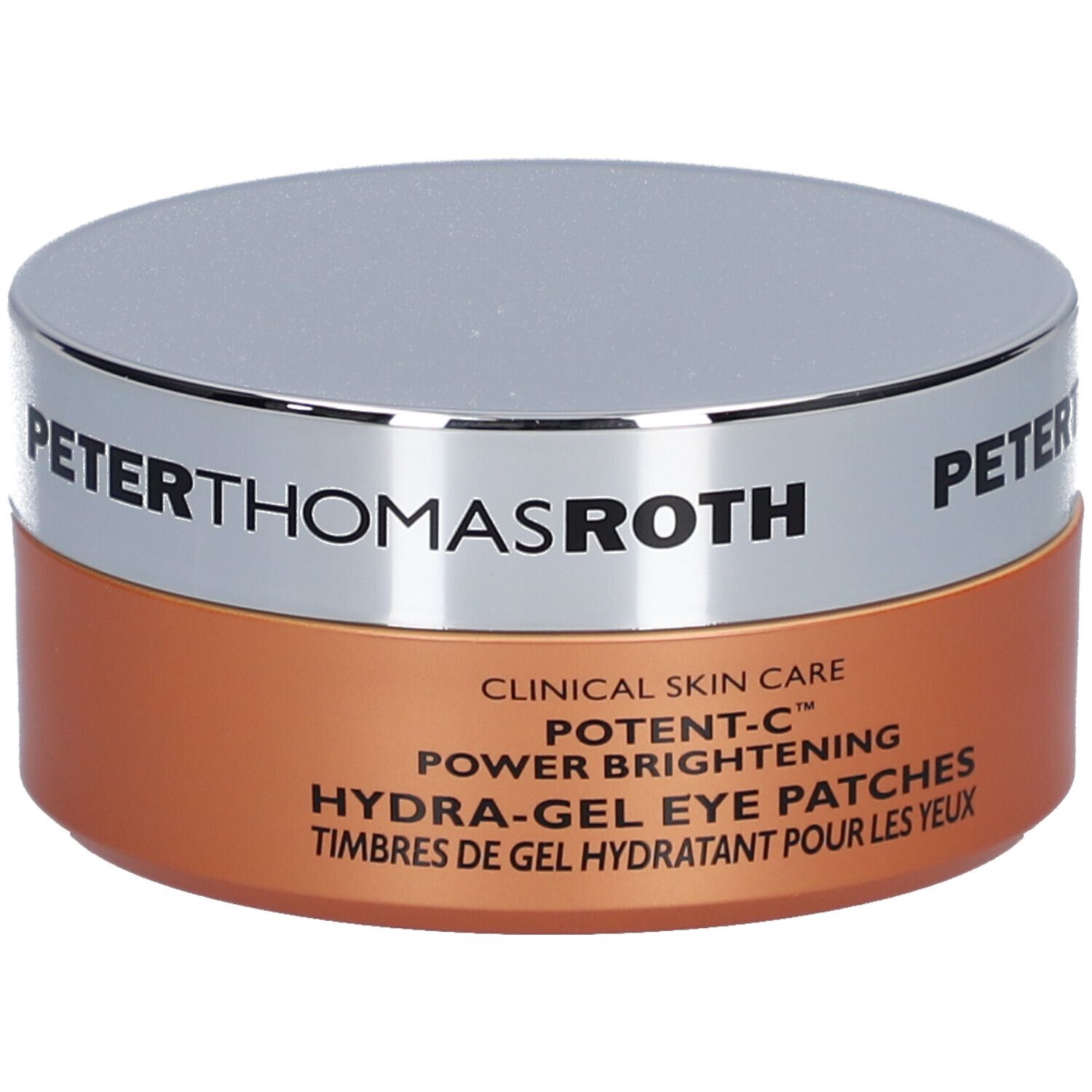 Pot rond, couvercle argenté, base orange. Inscription : PETER THOMAS ROTH, POTENT-C, Hydra-Gel Eye Patches.
