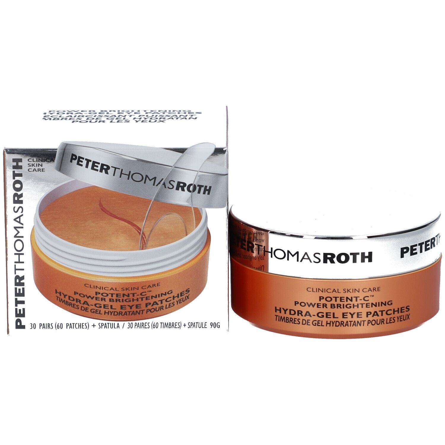 Emballage du produit. Pot de patchs pour les yeux, spatule et boîte. Inscription : PETER THOMAS ROTH, POTENT-C, Hydra-Gel Eye Patches.