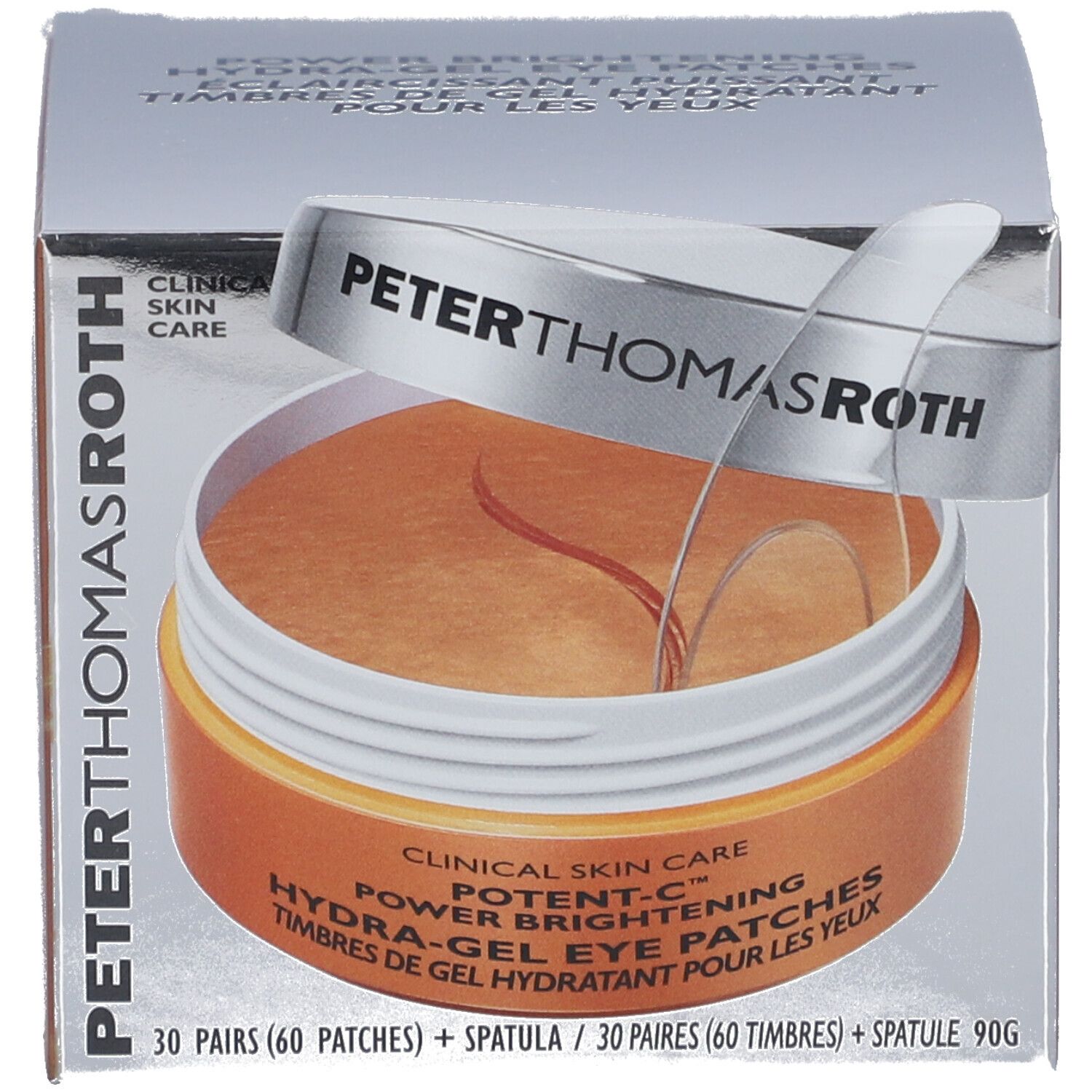 Emballage du produit. Pot de patchs pour les yeux, spatule et boîte. Inscription : PETER THOMAS ROTH, POTENT-C, Hydra-Gel Eye Patches.
