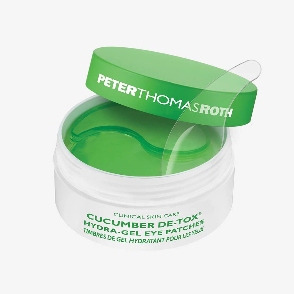 Pot avec couvercle et patchs gel pour les yeux. Inscription: Peter Thomas Roth, Cucumber De-Tox Hydra-Gel Eye Patches.