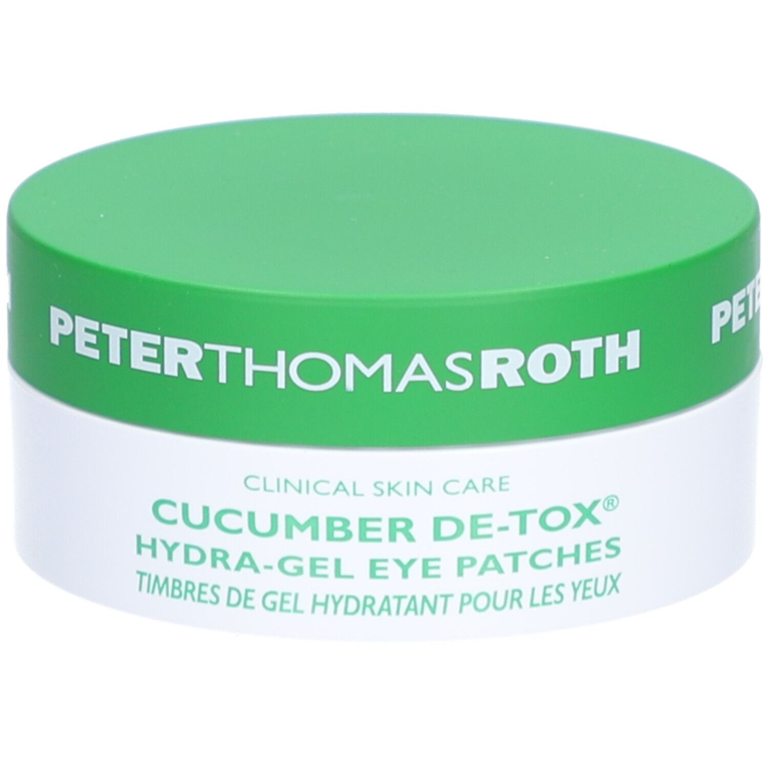Pot vert et blanc. Inscription: Peter Thomas Roth, Cucumber De-Tox Hydra-Gel Eye Patches. Timbre de gel.