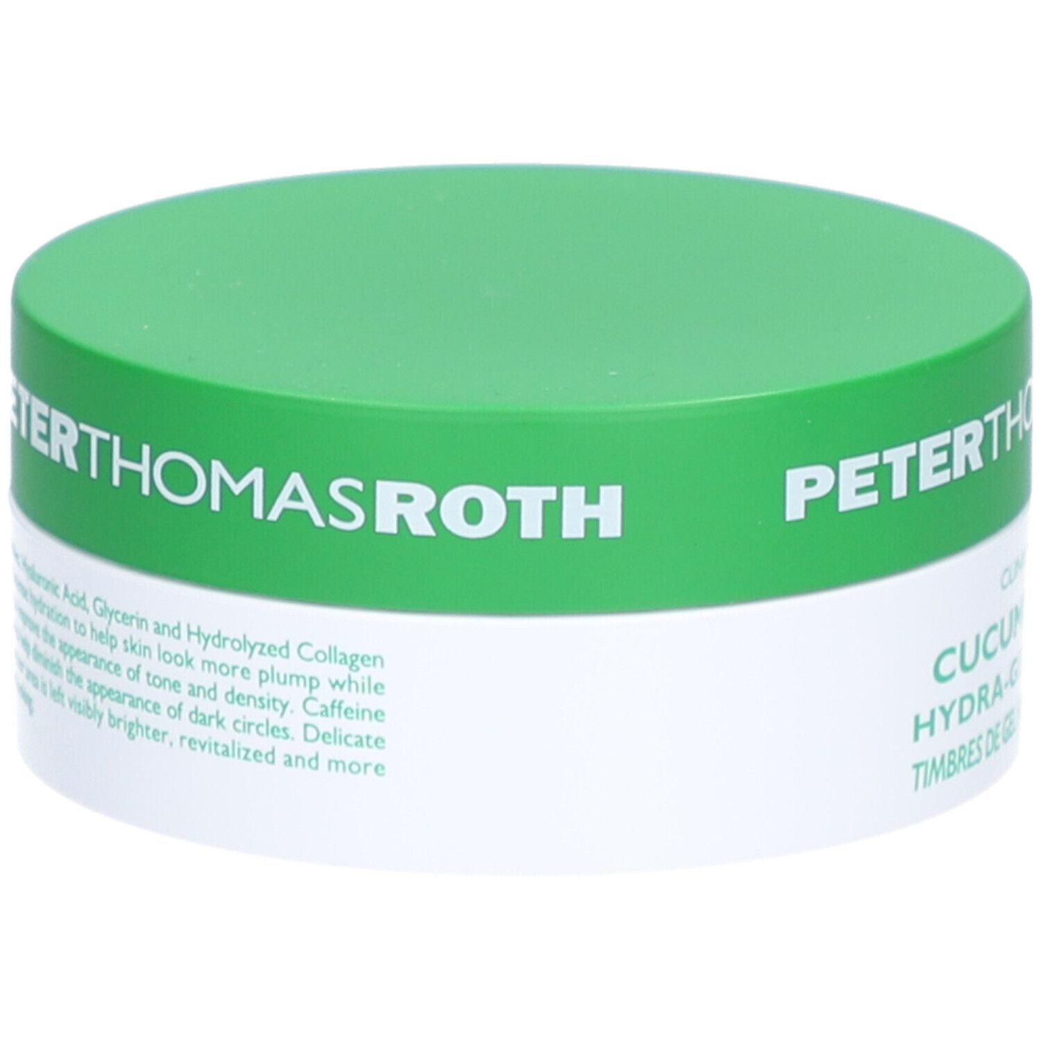 Pot vert et blanc. Inscription: Peter Thomas Roth, Cucumber De-Tox Hydra-Gel Eye Patches. Texte descriptif.