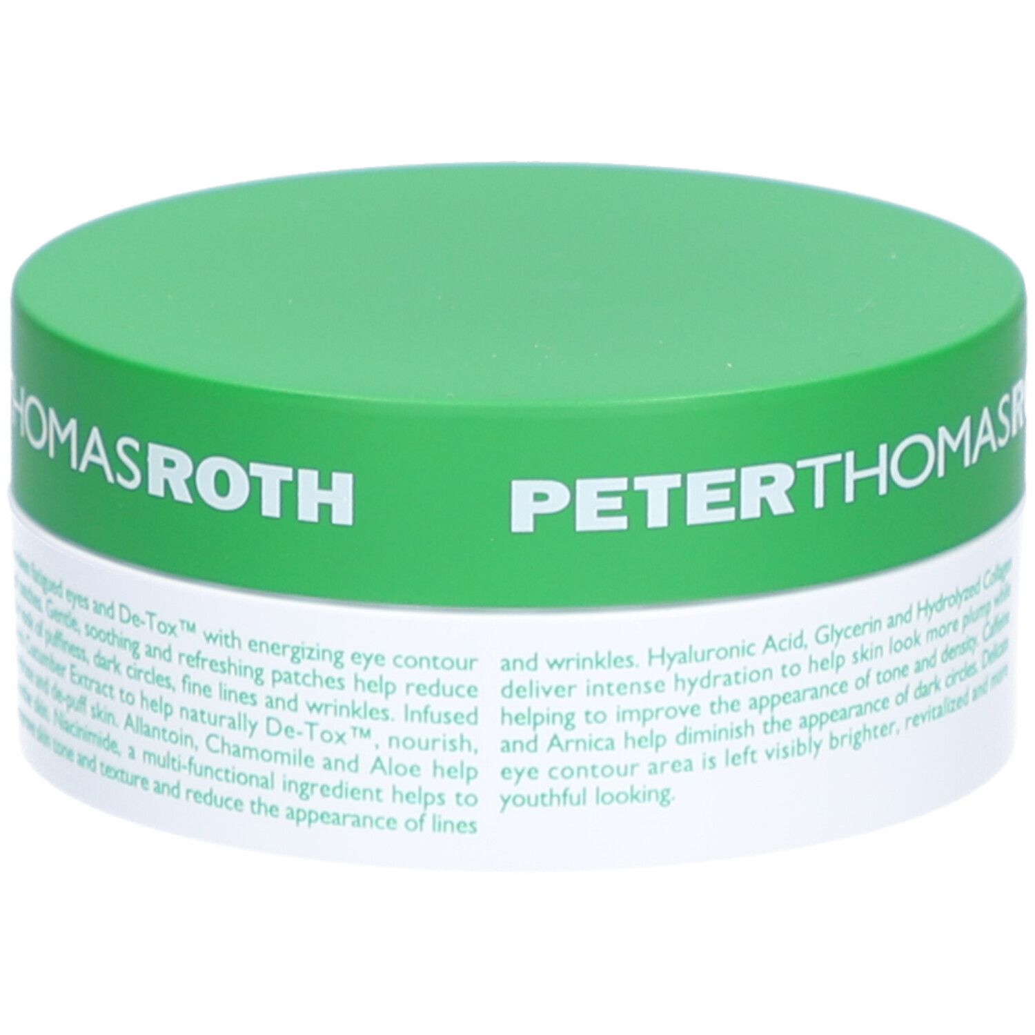 Pot vert et blanc. Inscription: Peter Thomas Roth, Cucumber De-Tox Hydra-Gel Eye Patches. Texte descriptif.