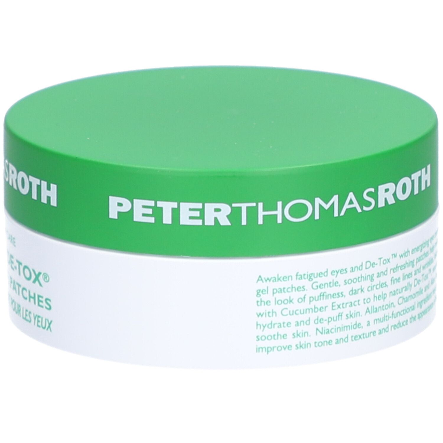 Pot vert et blanc. Inscription: Peter Thomas Roth, Cucumber De-Tox Hydra-Gel Eye Patches. Texte descriptif.