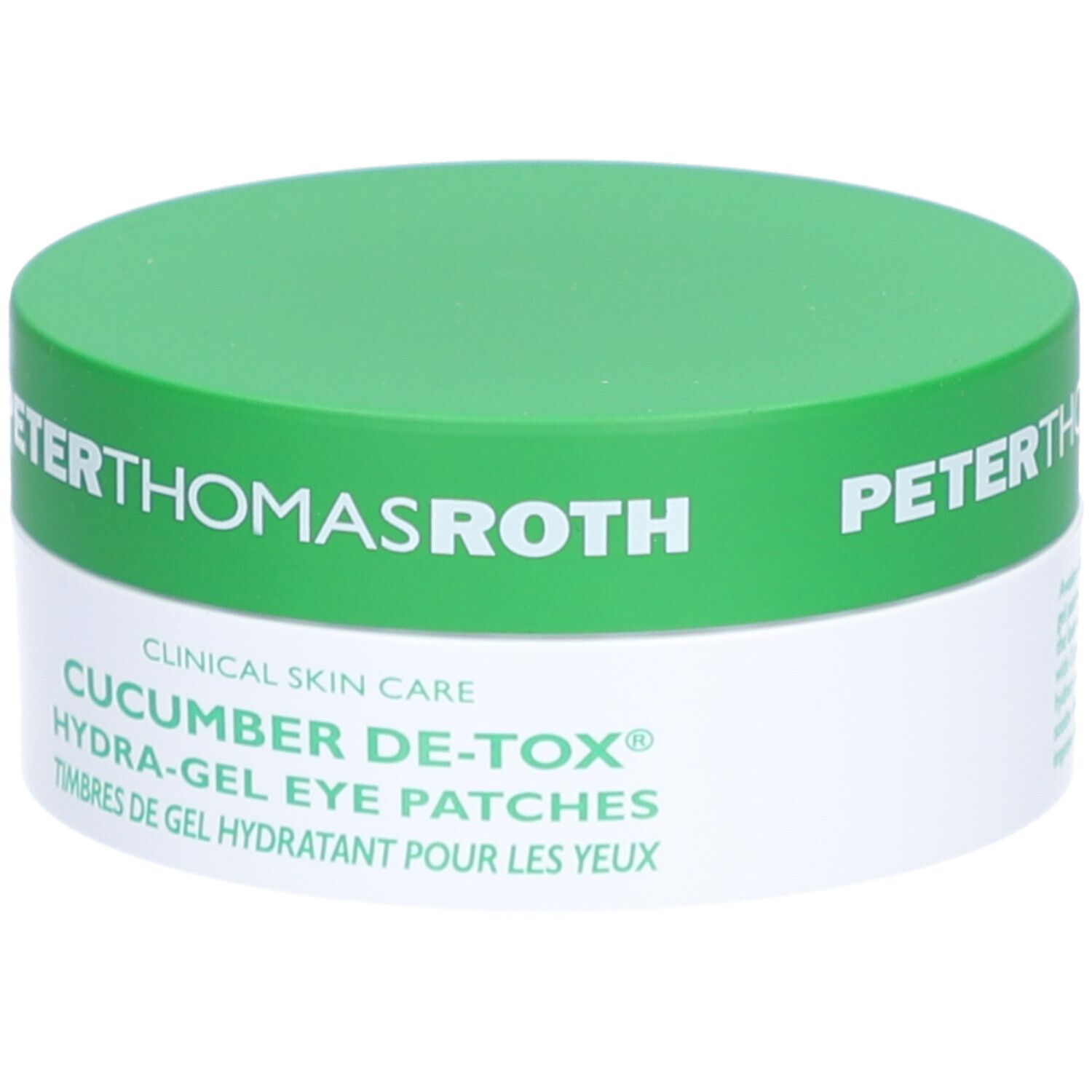 Pot vert et blanc. Inscription: Peter Thomas Roth, Cucumber De-Tox Hydra-Gel Eye Patches. Timbre de gel.