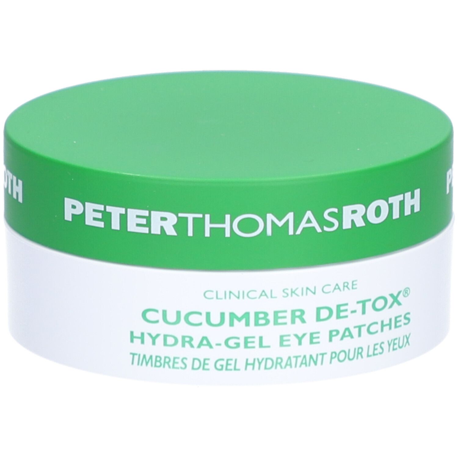 Pot vert et blanc. Inscription: Peter Thomas Roth, Cucumber De-Tox Hydra-Gel Eye Patches. Timbre de gel.