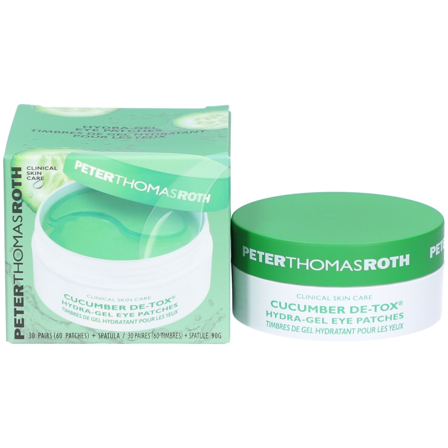 Emballage produit avec pot et boîte. Inscription: Peter Thomas Roth, Cucumber De-Tox Hydra-Gel Eye Patches.