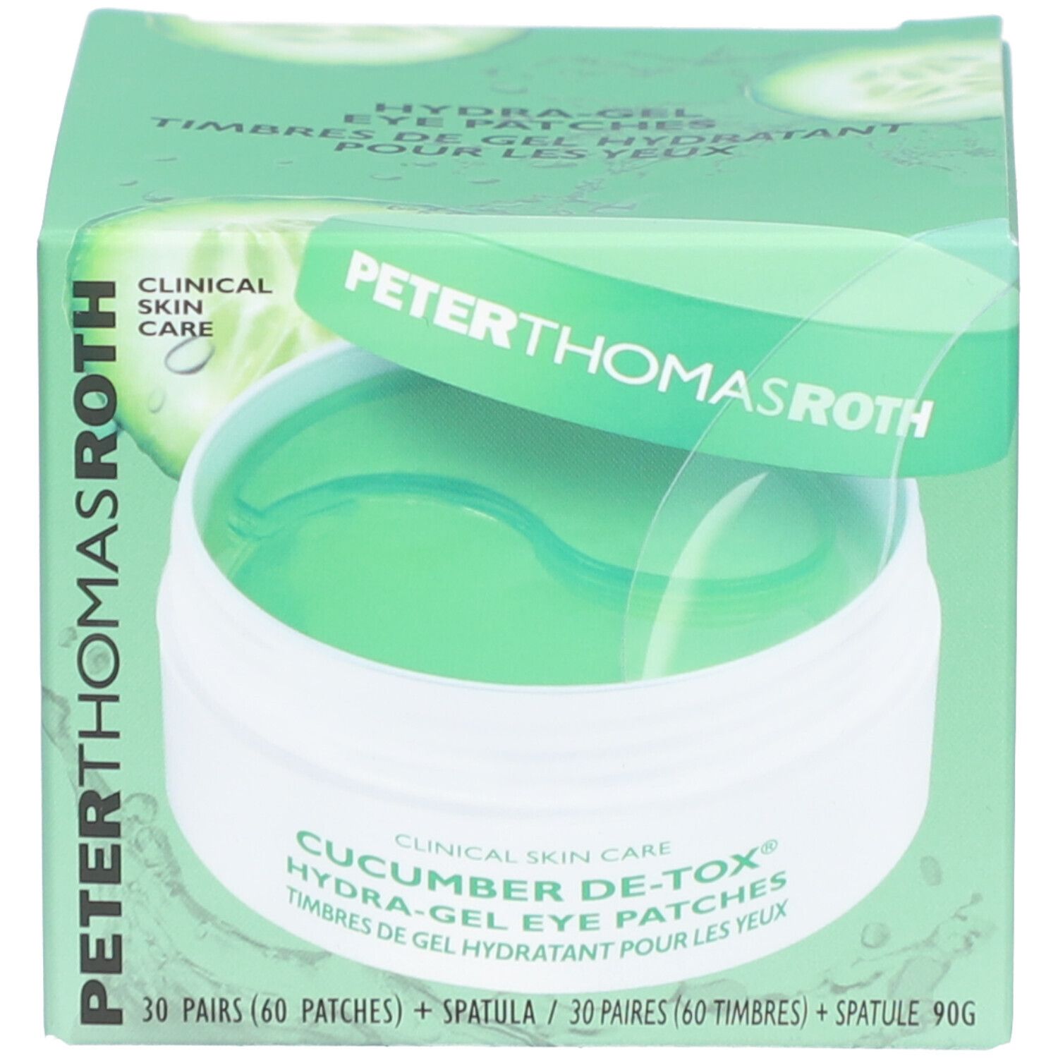 Emballage produit avec pot et boîte. Inscription: Peter Thomas Roth, Cucumber De-Tox Hydra-Gel Eye Patches.