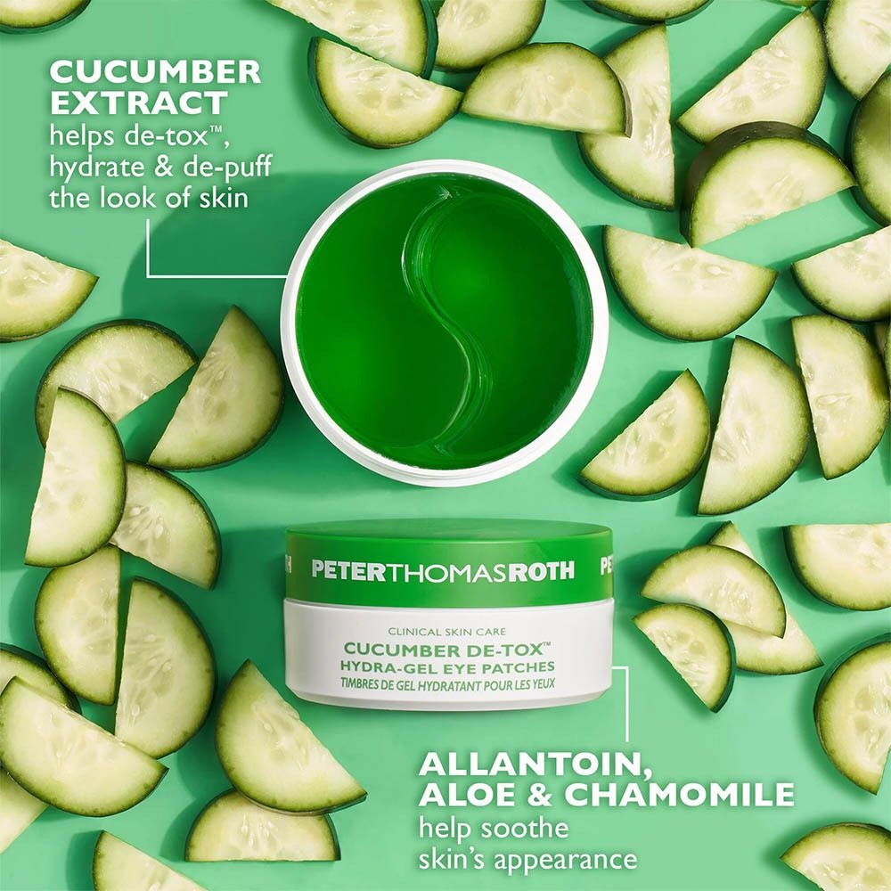 Produit avec concombres et texte. Inscription: Peter Thomas Roth, Cucumber De-Tox Hydra-Gel Eye Patches.
