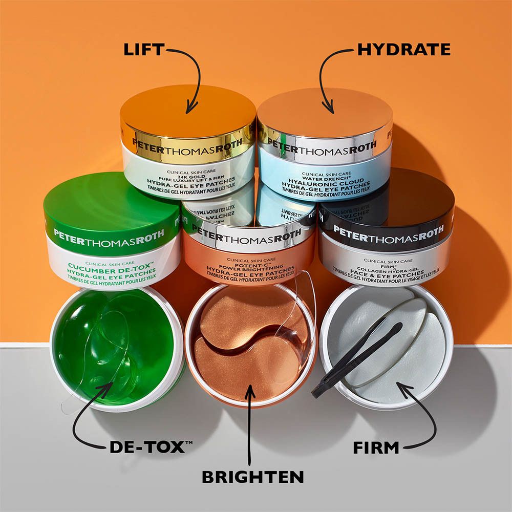 Différents pots avec patchs gel pour les yeux. Inscription: Peter Thomas Roth, Cucumber De-Tox Hydra-Gel Eye Patches.