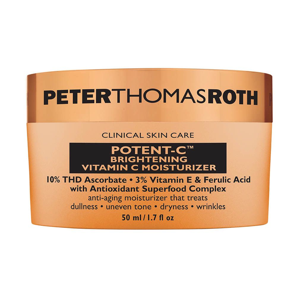 Pot brun avec couvercle doré. Inscription : POTENT-C, Vitamin C Moisturizer. 50 ml/1.7 fl oz.