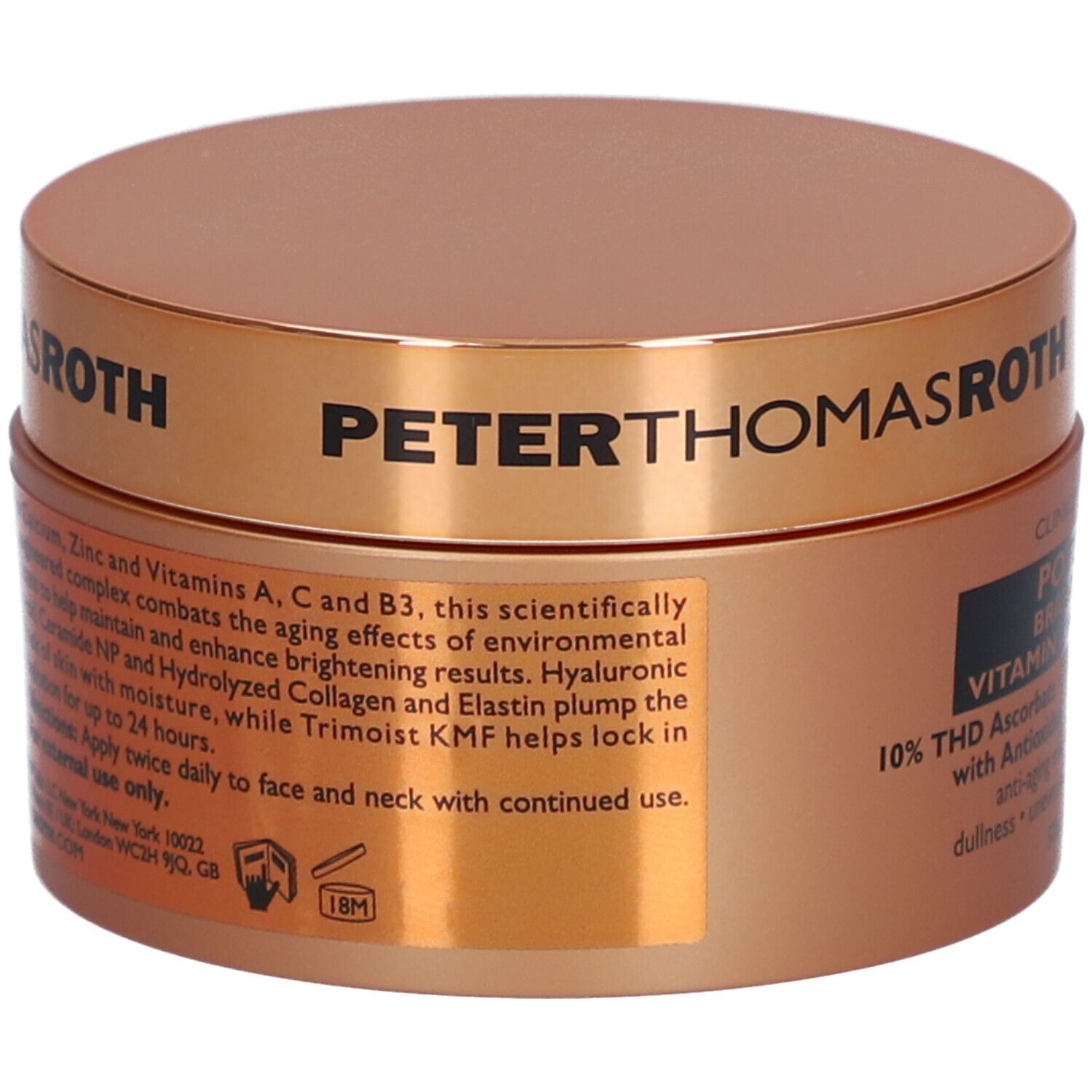 Dos du pot brun avec couvercle doré. Texte avec informations sur le produit et ingrédients.