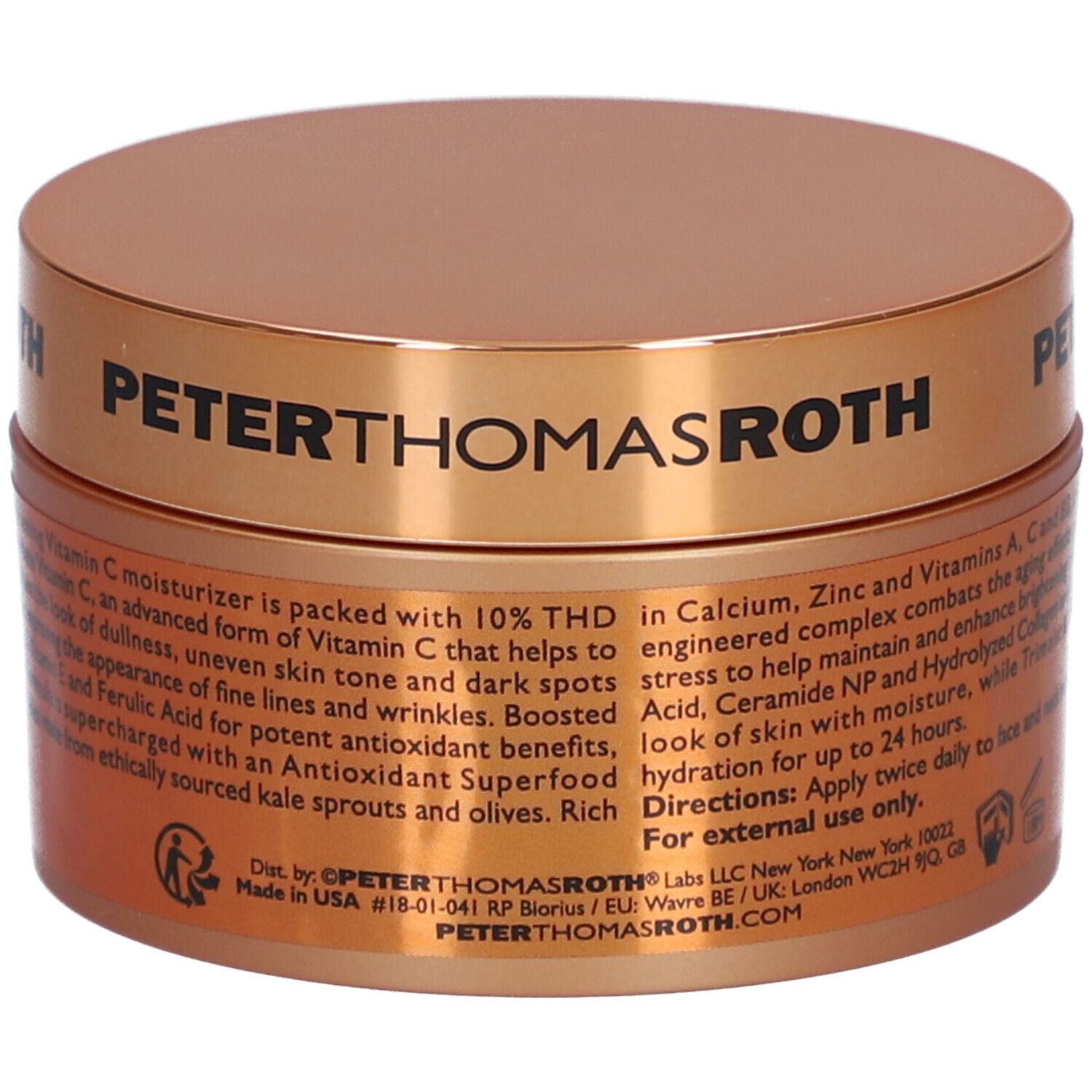 Dos du pot brun avec couvercle doré. Texte avec informations sur le produit et ingrédients.