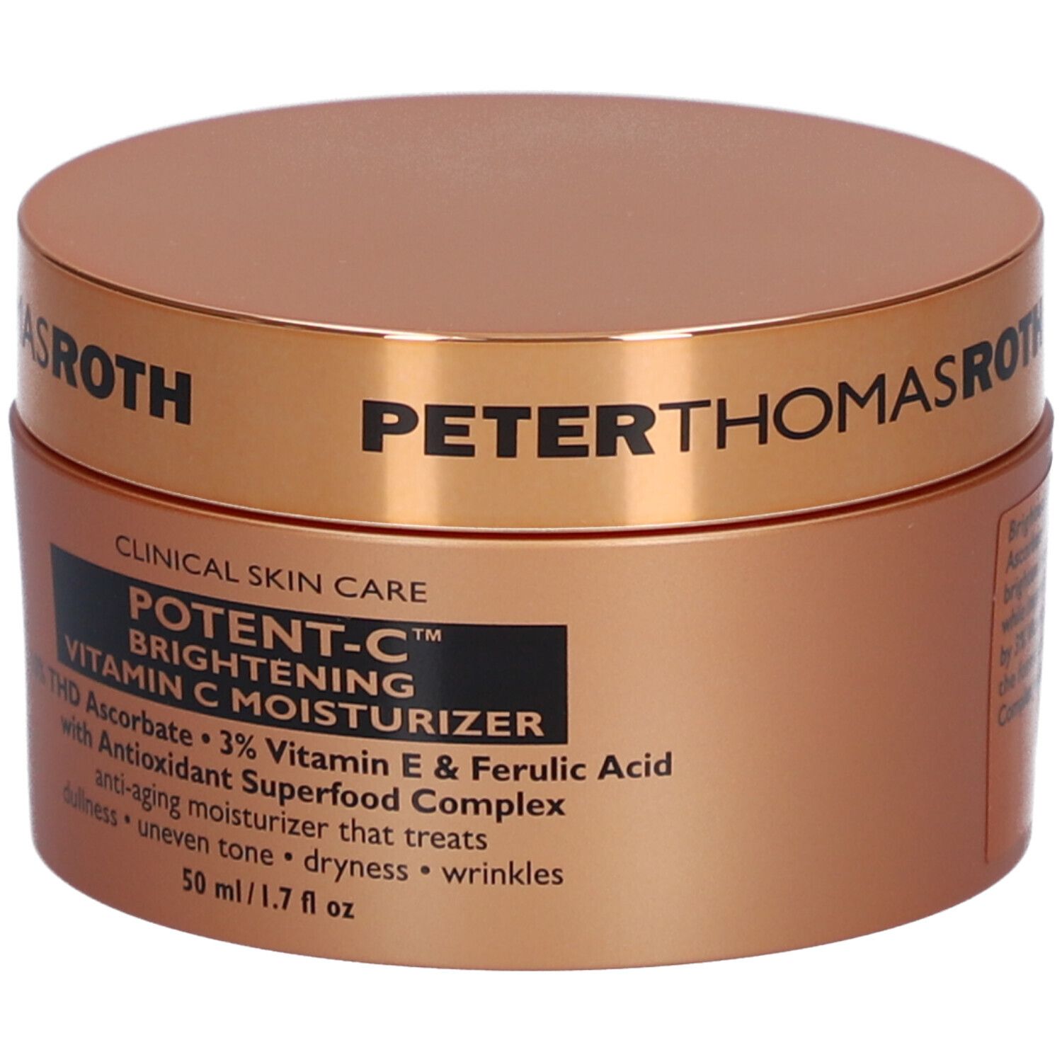 Pot brun avec couvercle doré. Inscription : POTENT-C, Vitamin C Moisturizer. 50 ml/1.7 fl oz.