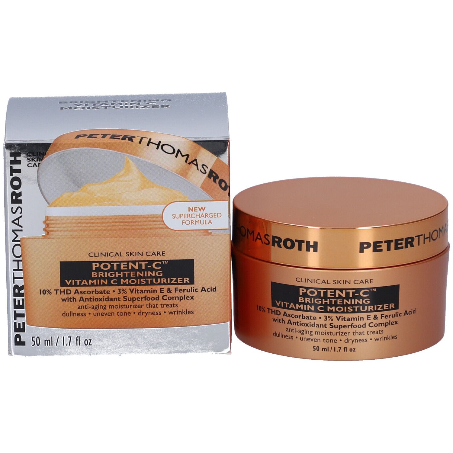 Emballage du produit avec pot et boîte. Inscription : POTENT-C, Vitamin C Moisturizer. 50 ml/1.7 fl oz.