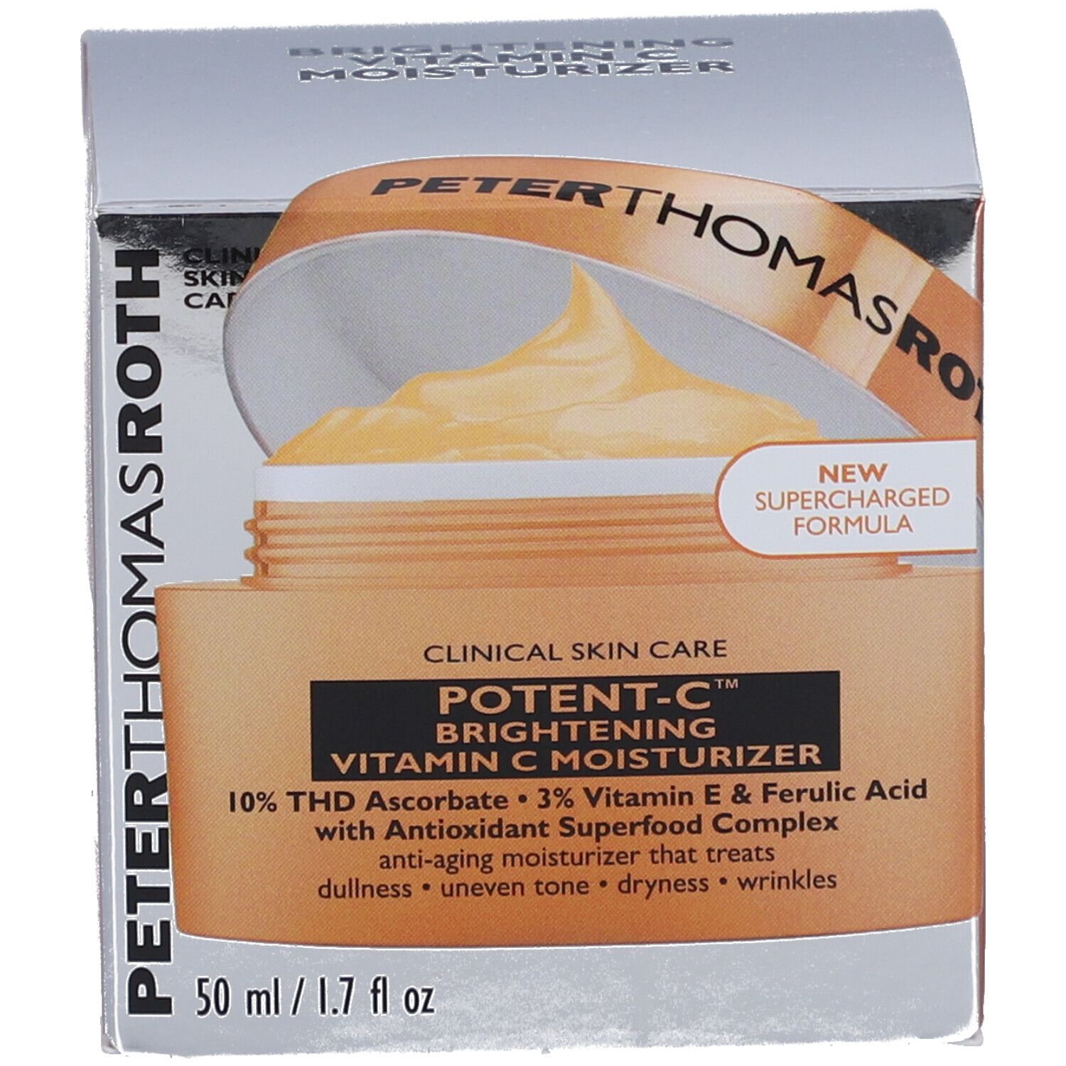 Emballage du produit avec pot et boîte. Inscription : POTENT-C, Vitamin C Moisturizer. 50 ml/1.7 fl oz.
