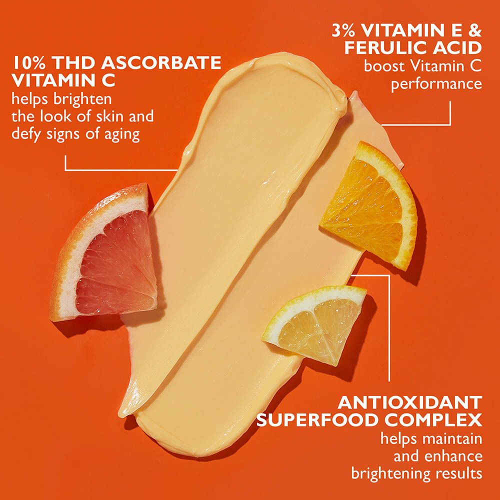 Ingrédients et texte. Inscription : 10% THD Ascorbate Vitamin C, 3% Vitamine E & Acide férulique.