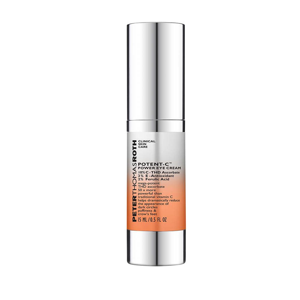 Tube de crème pour les yeux argenté avec texte blanc. Inscription : Potent-C Power Eye Cream, 15 ml/0,5 fl oz.