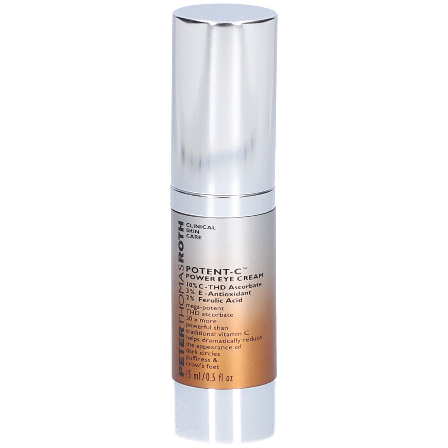 Tube de crème pour les yeux argentée avec texte blanc. Inscription : Potent-C Power Eye Cream, 15 ml/0,5 fl oz.